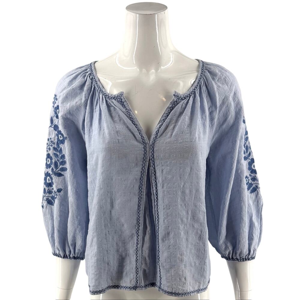 Max Studio Womens Peasant Style Top Sz Small Blue Embroidered Floral Boho Blouse